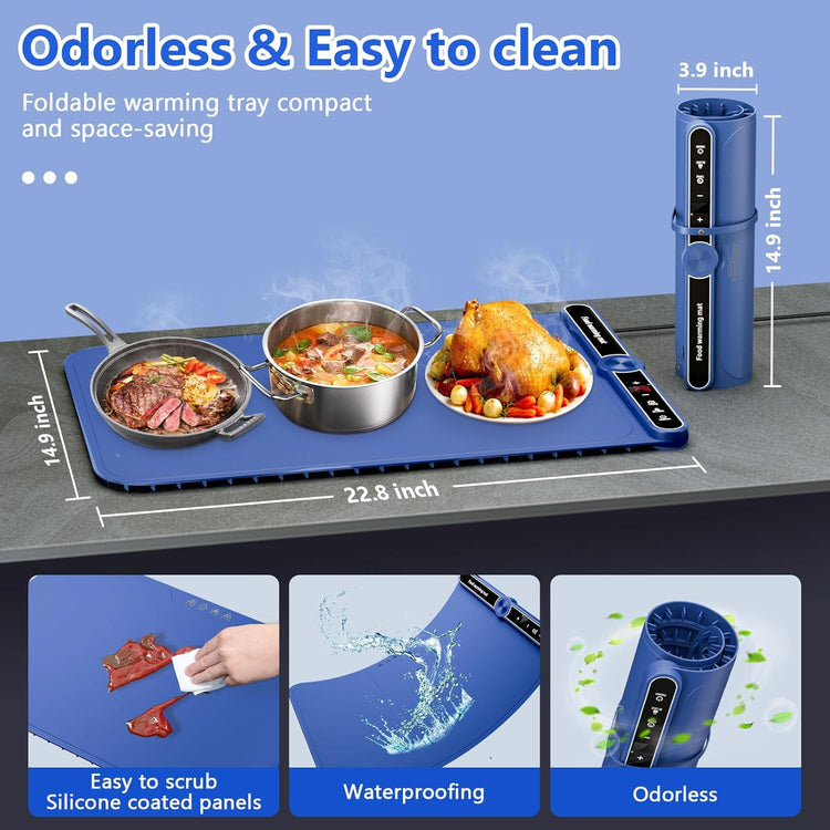 Electric Food Warming Tray - 8s Fast Heating, 9 Temp Levels & 6H Timer, Auto Shut-Off, Child Lock, Portable Silicone Warmer Mat for Buffet, Parties, Daily Use (22.8in x 14.9in, 330W)