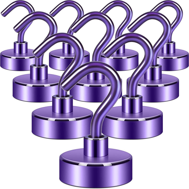 Neosmuk Magnetic Hooks, Heavy Duty Earth Magnets with Hook for Refrigerator, Extra Strong Cruise Hook for Hanging, Magnetic Hanger for Cabins, Grill (Purple, 10 Pack)