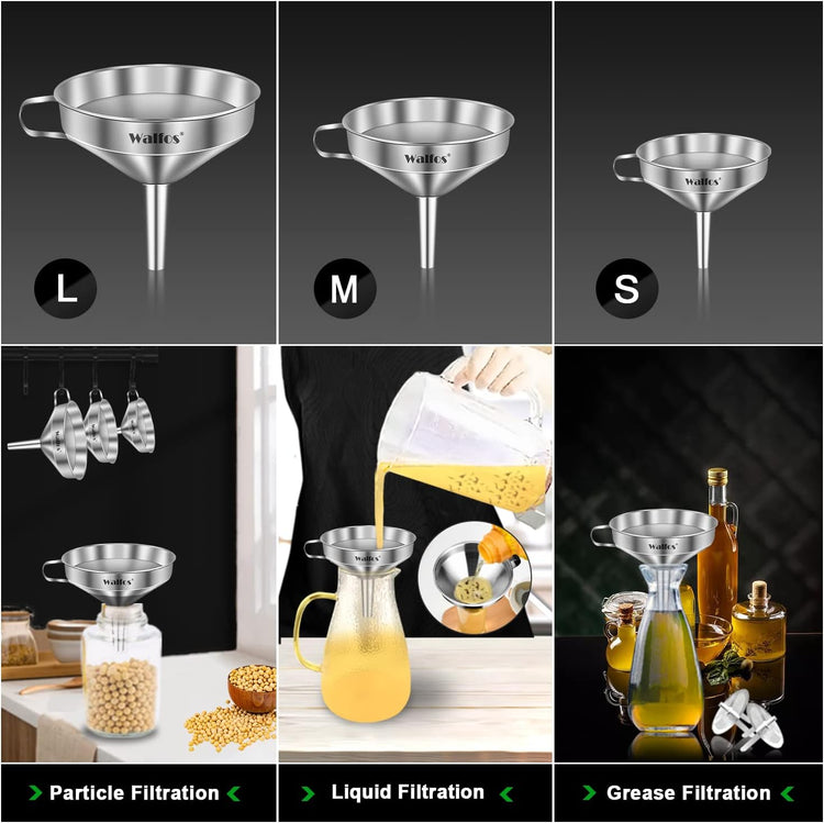 Stainless Steel Funnel, Walfos 3 Pack Kitchen Funnel with 2 Removable Strainer & 1Pcs Cleaning Brush, Perfect for Transferring of Liquid, Oils, Jam, Dry Ingredients & Powder