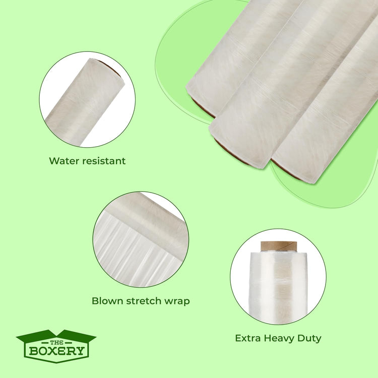 The Boxery- 18''X1500' Per Roll Stretch Wrap-4 Rolls/6000 Feet Total (90 Gauge) Extra Heavy Duty, Stretch Wrap Film Clear Cling Plastic for Shipping, Moving and Packaging