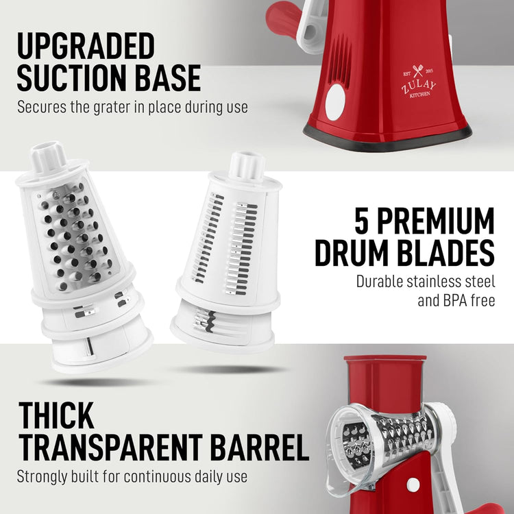 Zulay Kitchen Rotary Cheese Grater 5 Blade Cheese Shredder - Manual Hand Crank Cheese Grater With Reinforced Suction & 5 Interchangeable Drums - Easy to Use, Vegetable Chopper Round Mandoline Slicer