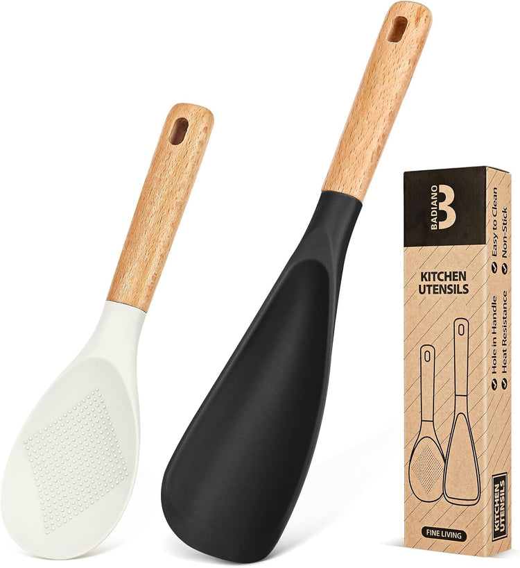 Cooking Spoon and Rice Scooper for Nonstick Cookwares, Great for Cooking and Serving Sturdy BPA-Free Matte Silicone, Wood Handle Spoon for Mixing, Scoop, and Scrape (Black Spoon & White Scooper) - Nestoria