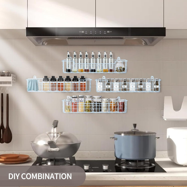 Spice Rack Wall Mount, 4-Pack Seasoning Organizer for Kitchen Storage Organization, Metal Spice Holder Saving Space Shelf for Cabinet, RV, Pantry, Blue