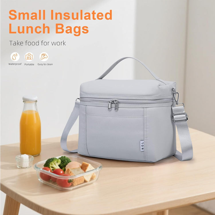 NOL Natural Organic Lifestyle Insulated Lunch Bags for Women Cooler Bag Lightweight Nylon Waterproof Lunch Box For Work (Small,Gray White)