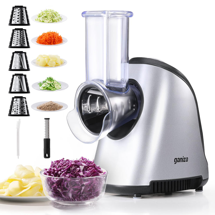 5-in-1 Electric Cheese Grater for Kitchen, Max 250W Cheese Shredder, 5 Changeable Blades Salad Shooter, Slicer Electric for Cheese/Veggies/Salad with an Extra Zester grater