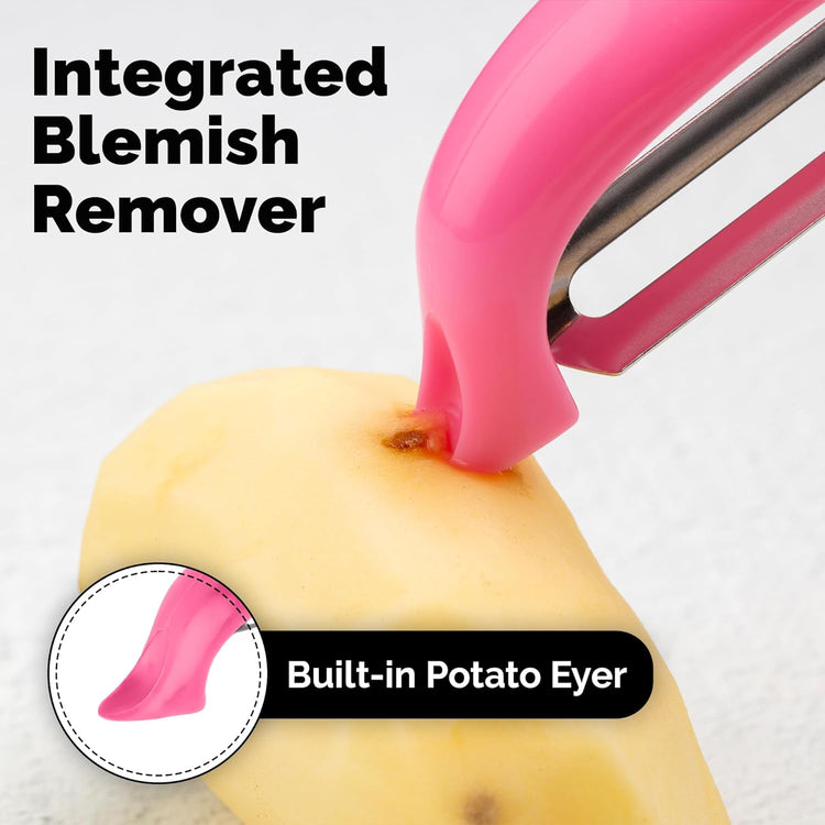 Zulay Kitchen Premium Vegetable Peeler for Kitchen - Swivel Peeler with Razor Sharp Stainless Steel Blades & Strong Ergonomic Handle - Dishwasher Safe, Easy To Use with Blemish Remover - Pink