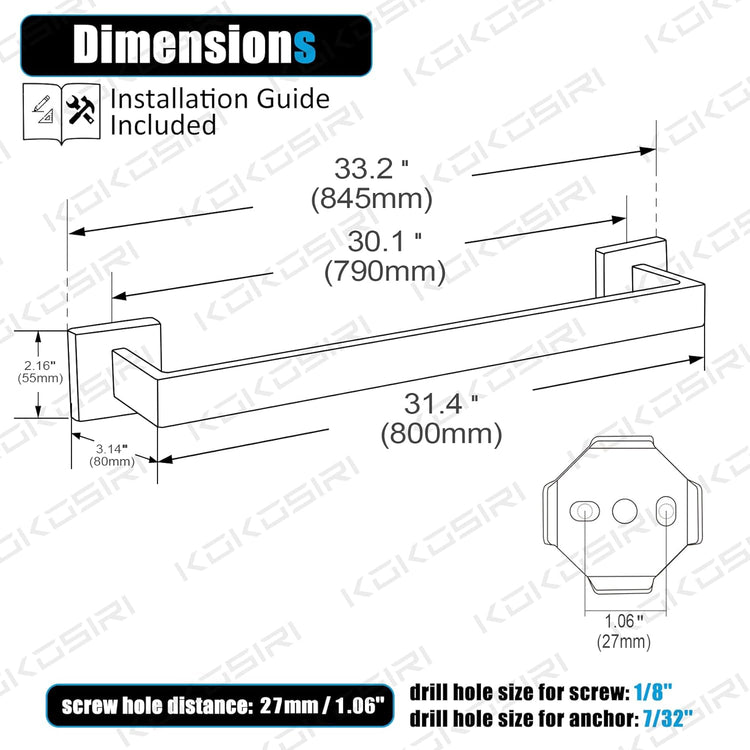 KOKOSIRI 32-Inch Single Towel Bar, Bathroom Kitchen Towel Holder, Wall Mounted SUS304 Stainless Steel Towel Rack 2 Pack, Matte Black, B4003BK-L32-P2
