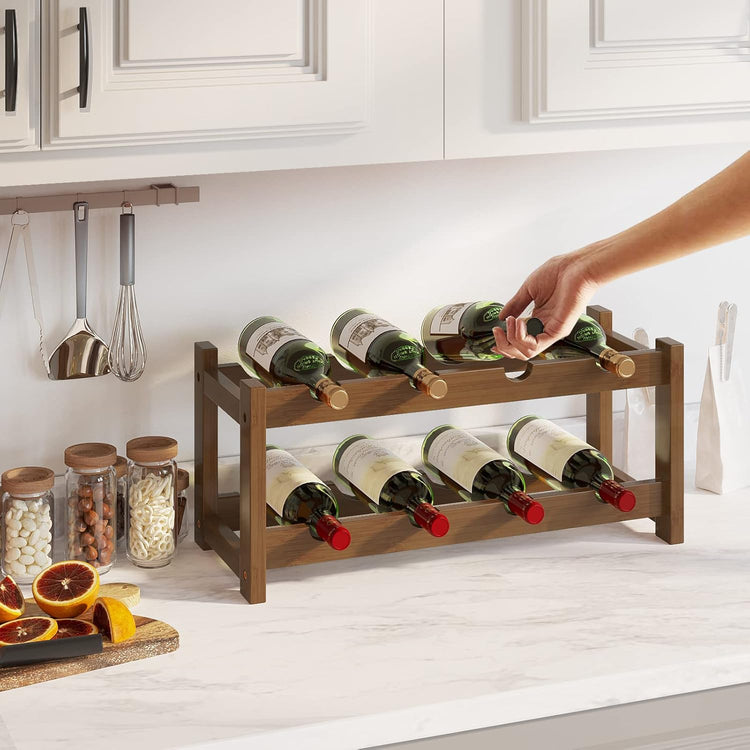 BAMEOS Bamboo Wine Rack, 2 Tier Wine Racks Countertop Storage, Wine Bottle Holder Wine Rack freestanding Floor for Kitchen, Bar, Pantry, Wine Cellar, Basement,Study,Maroon (16.85 L x 9.25W x 7H)