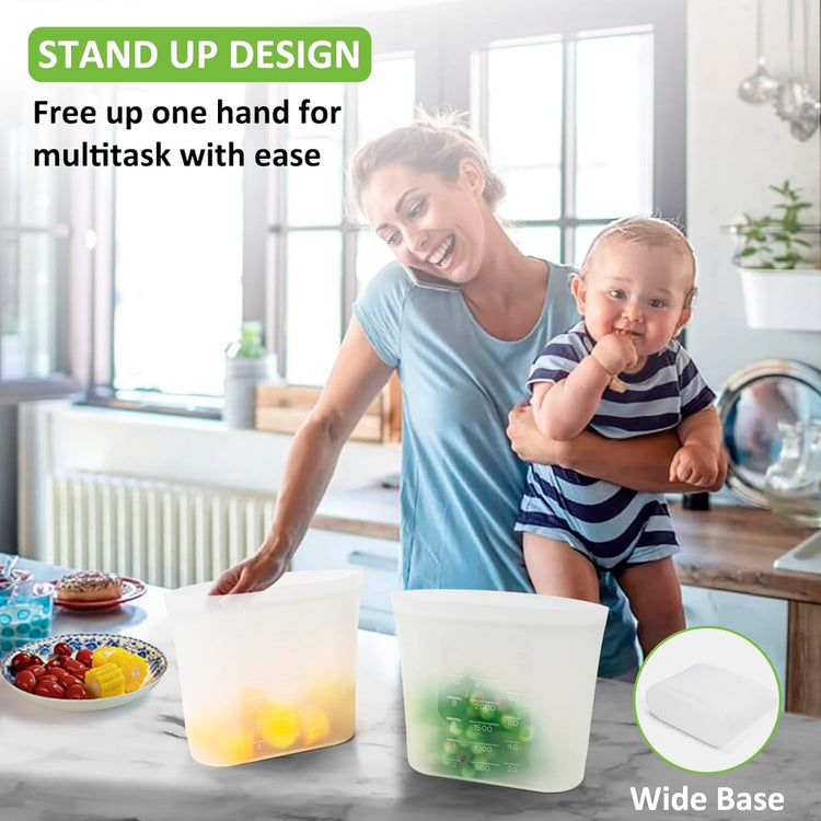 Reusable Storage Bags, Set of 2 Large Sizes, 8 Pack 100% Silicone Food Storage Bags Stand Up Zip Lock Bag for Food, Freezer Microwave Oven Dishwasher Safe, 4 XL-4/5 Gallon, 4 L-1/2 Gallon, Translucent
