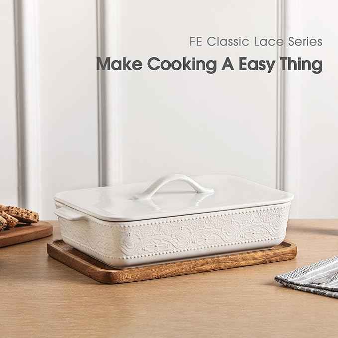 Casserole Dish with Lid, Ceramic 9x13 Casserole Dish for Oven, Rectangular Bakeware, Large Baking Dish with Handles for Holiday Cooking, Roasting, Baking, Oven & Microwave Safe (White)