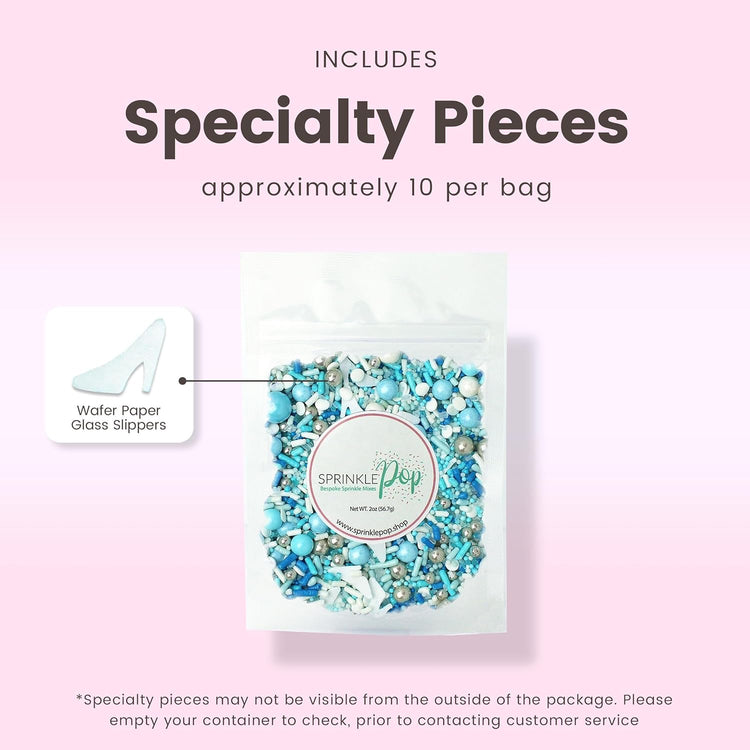 Sprinkle Pop Glass Slipper Princess Sprinkle Mix| Blue White Sprinkles with ~10 Frozen Shoe Wafer Paper and Silver Dragees| Girl Sprinkles Made in USA for Decorating Birthday Cupcakes Cake Donuts, 2oz