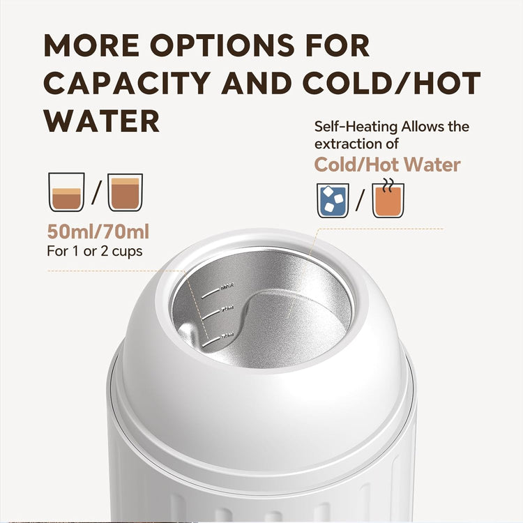 Rich Crema Portable Electric Espresso Coffee Maker, Fast self-heating 2 IN 1 Extraction System Espresso Machine, Support Ground Coffee and NS capsule, for Travel、Car、Hiking、Climbing(White)