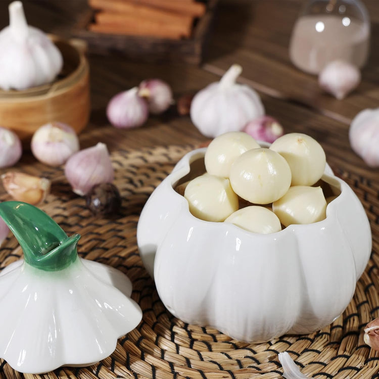 TOIVO Garlic Keeper for Counter,with Lid and Holes GarlicSaver,Garlic Holder Storage Container toKeep (white)