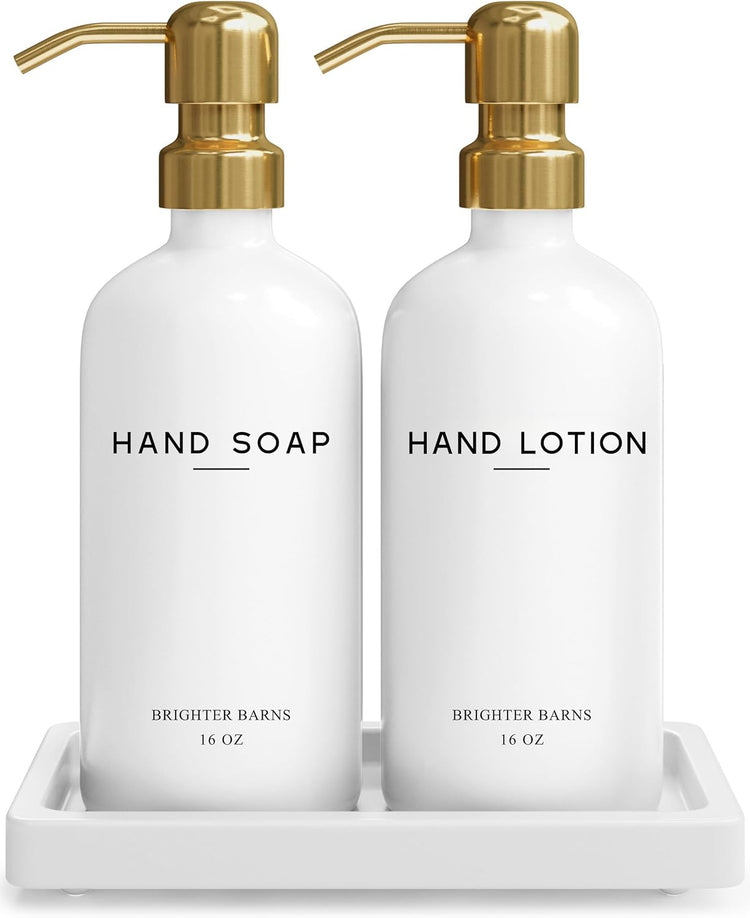 Luxury Glass Soap and Lotion Dispenser Set with Tray by Brighter Barns - Hand Soap Dispenser Bathroom Set & Stainless Steel Pump for Home or Airbnb - White and Gold Bathroom Accessories & Decor (Gold)