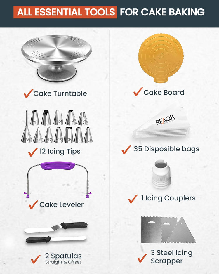 50PCs Cake Decorating Supplies Kit with 12" Aluminum Rotating Cake Turntable Stand