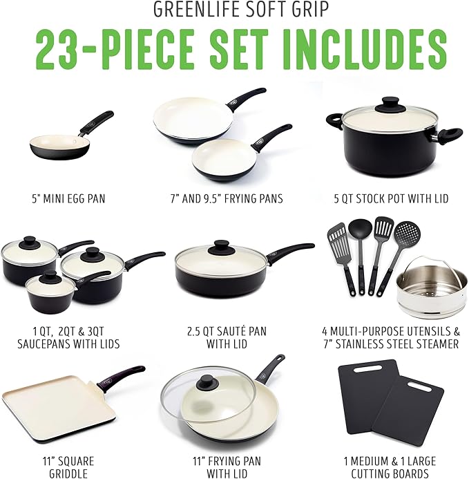 GreenLife Soft Grip Healthy Ceramic Nonstick 23 Piece Kitchen Cookware Pots and Frying Sauce Saute Pans Set with Kitchen Utensils, PFAS-Free, Dishwasher Safe, Black