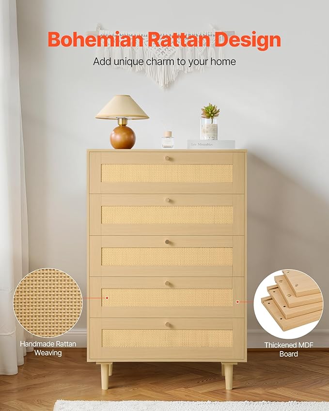 VEVOR 5 Drawer Rattan Dresser, 42" Tall Dresser for Bedroom, Boho Dresser Chest of Drawers with Gold Handles & Wooden Legs, Wood Clothing Storage Closet for Nursery, Living Room, Hallway, Natural Oak