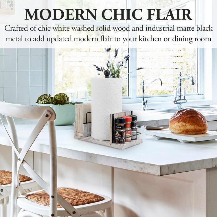 MyGift All-in-One Paper Towel Holder Kitchen Caddy, Shabby Chic Whitewashed Solid Wood and Industrial Matte Black Metal Dining Combo Rack with Paper Towel Dispenser, Napkin Holder, and Spice Rack