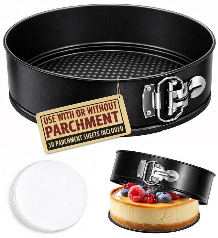 8 Inch Non stick Springform Pan with 50 Pcs Parchment Paper Cheesecake Pan with Removable Bottom Baking Mold Round Leakproof