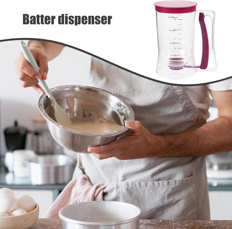 UPKOCH Batter Dispenser with Measuring Markings - ABS+Silicone Baking Tool for Pancakes, Waffles & Muffins | Leak-Proof Design (Rosy, 7.3in/18.5cm)