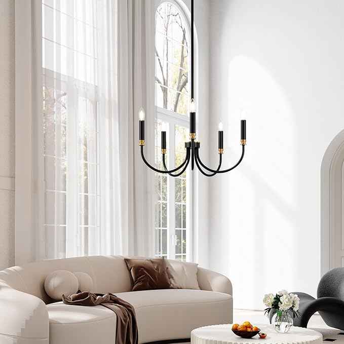 Tribesigns Modern Black Chandelier, 5-Light Farmhouse Iron Chandeliers for Dining Room, Modern Candle Hanging Pendant Light Fixtures for Living Room, Dining Room, Kitchen, Bedroom, Entryway