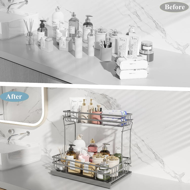 1 Pack Under Sink Organizers and Storage, 2 Tier Pull Out Cabinet Organizer, Metal Sliding Drawer Storage for Kitchen Bathroom,Gray
