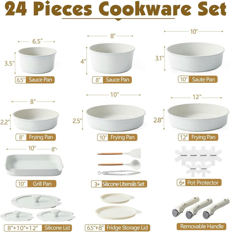 SENSARTE 24 Piece Pots and Pans Set, Nonstick Detachable Handle Cookware, Induction Kitchen Cookware Set with Removable Handle, Healthy Non Stick for RV, Dishwasher & Oven Safe (White)