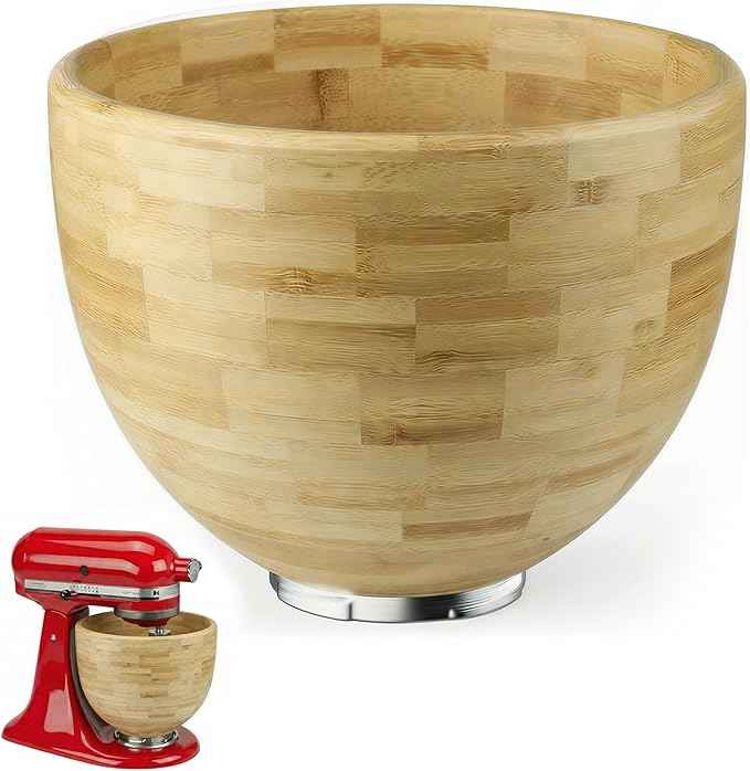 5 Qt Solid Wood Mixing Bowl Compatible with KitchenAid Tilt-Head Stand Mixer, Handcrafted Natural Wooden Bowl for 4.5-5 Qt K45SS KSM75 KSM150, Ideal for Bread Dough & Salads (Pale Yellow)