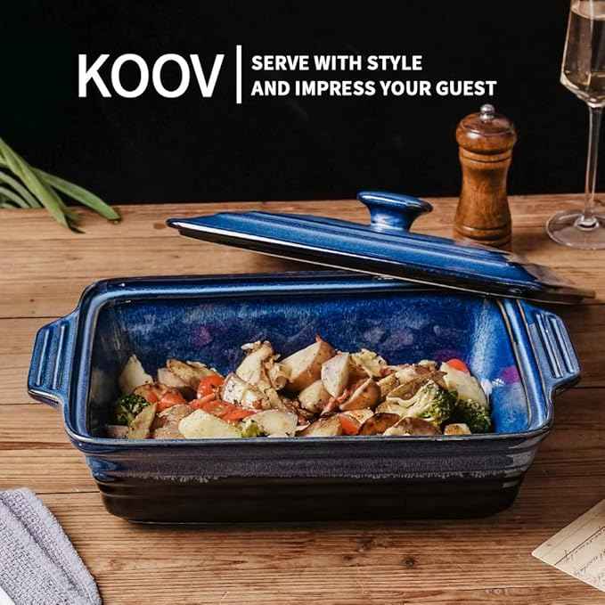KOOV Ceramic Casserole Dish With Lid, Covered Rectangular Set, Lasagna Pan for Cooking, Baking Dish for Dinner, Kitchen, 9 x 13 Inches, Reactive Glaze (Nebula Blue)