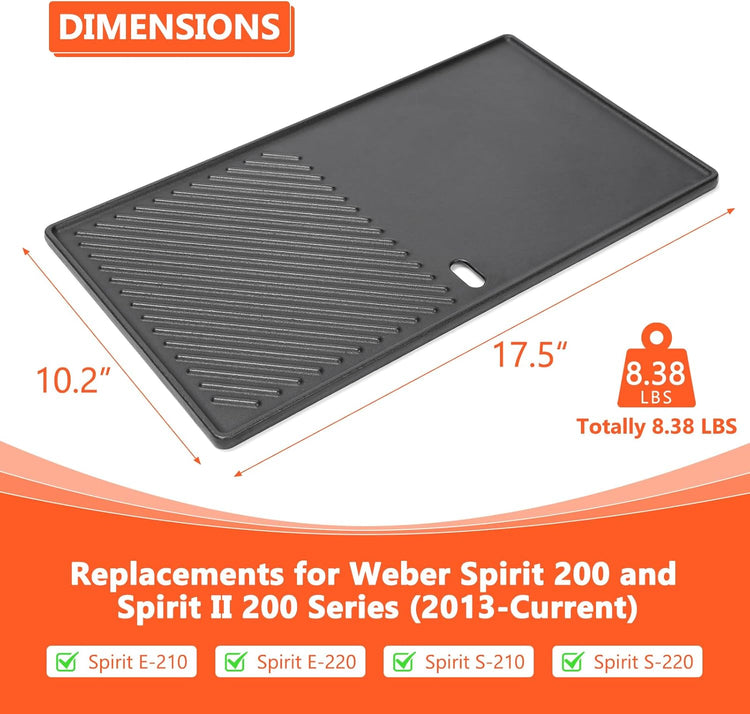 QuliMetal 7637 Reversible Cast Iron Grill Griddle for Weber Spirit E-210, Spirit 200, GS4 Spirit II 200 Series Grills (Front Control Knobs) β 17.5-Inch Grill Griddle Replacement, 1 Pack