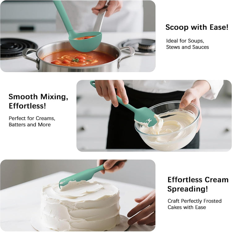 Coukre Silicone Kitchen Cooking Utensils Set with Holder – Heat-Resistant, Food-Grade Kitchen Tools, Spatula, Spoon & Gadgets for Non-Stick Pans, Dishwasher Safe (14, PureAquaGreen)