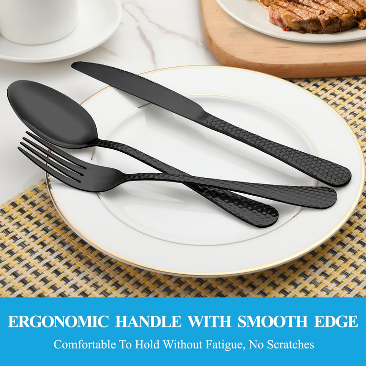 60 Pcs Black Hammered Silverware Set Service for 12 (60 Count)