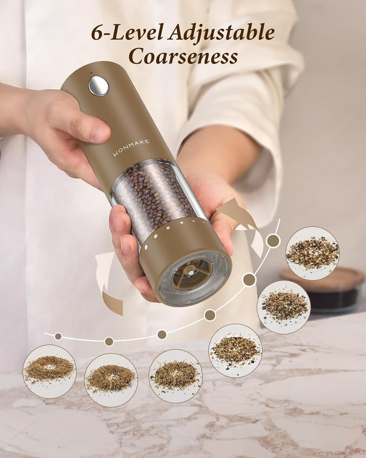 Electric Salt and Pepper Grinder Set - Automatic Refillable Salt and Pepper Grinders with Charging Base & LED Light, 6-Level Adjustable Coarseness with External Dial, Ideal Kitchen Gadget๏ผBrown