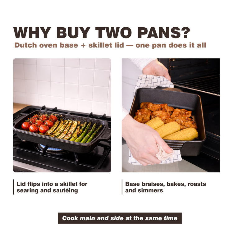 2-in-1 Square Cast Iron Dutch Oven | Skillet & Casserole Dish | 6 QT