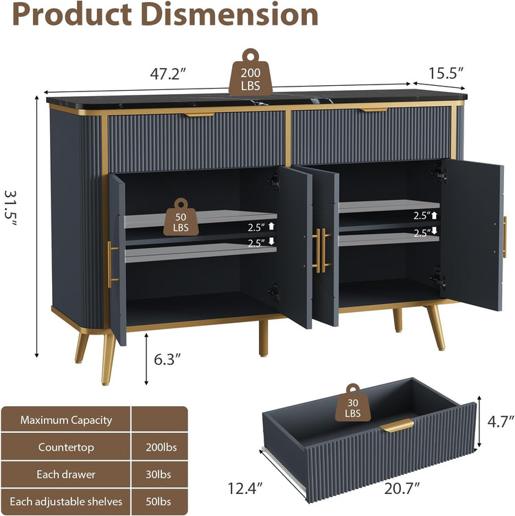 47.2" Buffet Storage Cabinet, Modern Fluted Coffee Bar Station with 2 Drawers & Adjustable Shelves, Kitchen Sideboard Buffet for Dining Room, Living Room, Hallway, Navy Blue