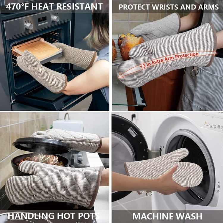 1 Pair Yarn Dyed Oven Mitts 100% Cotton Heat Resistant 470 Degree Gloves Men Women Cooking Baking Barbecue BBQ Microwave Crafting Machine Washable Pot Holders Mittens (Khaki)