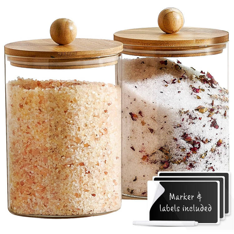 Set of 2 Glass Canisters for Kitchen Counter with Airtight Bamboo Lids + Marker & Labels (2 Count)