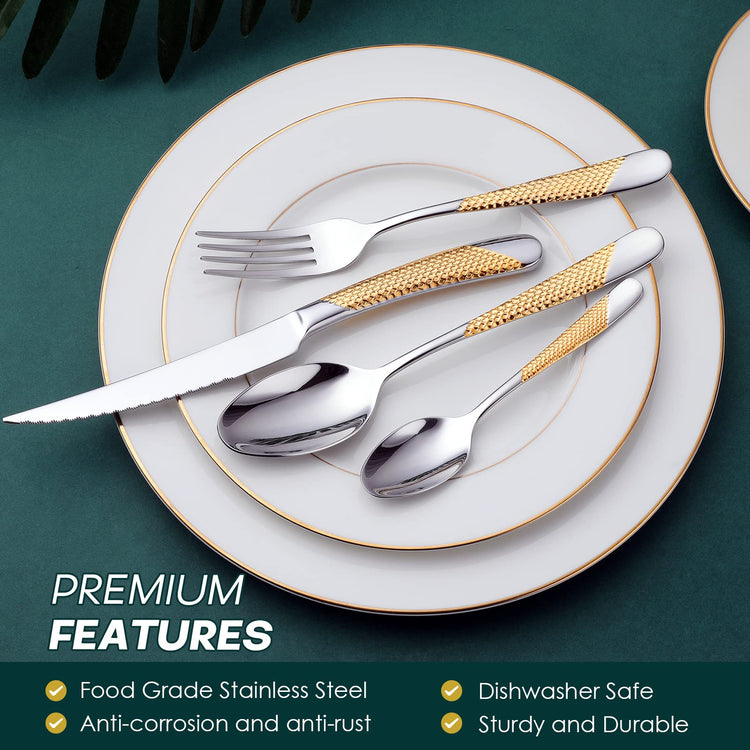 Hammered Silver Gold Silverware Set (24 Count)