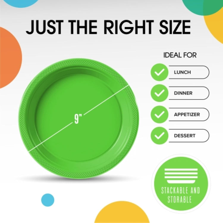 Exquisite Party Solids Lime Green Plastic Plates - 9 Inch, 100 Pack, 350 GSM