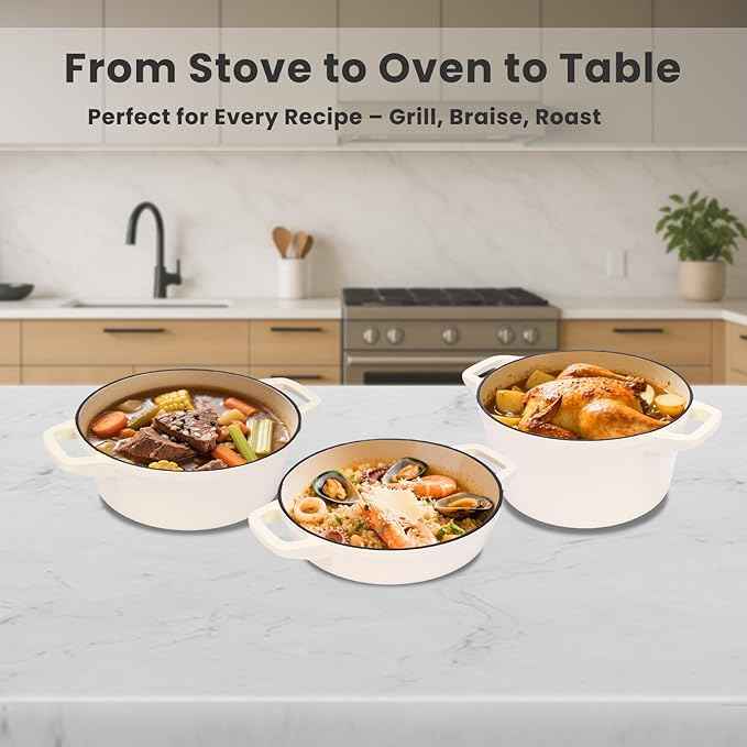 QuliMetal Enameled Cast Iron Set 5-Pc, 10" Stackable Space-Saving Cookware Set, Dutch Oven, Skillet, Grill Pan, with 2 Universal Lid, Versatile Enamel Dutch Oven, Included Spacers, White