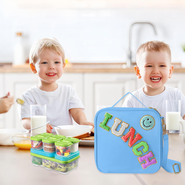 Insulated Lunch Bag With Adjustable Shoulder Strap, Nylon Preppy Lunch Box Large Insulated Lunch Bag Reusable Lunch Tote Bag with Smiley Preppy LunchBag for Girls School Travel Picnic (Dark blue)