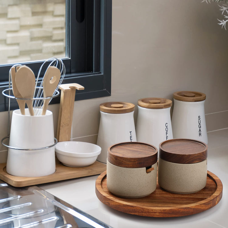 6 Pcs 9 inch Acacia Wood Lazy Susan Organizers Kitchen Turntable Round Lazy Susan Turntable Tray for Kitchen Counter Pantry Table Organization Cabinet Bathroom (6 Count)