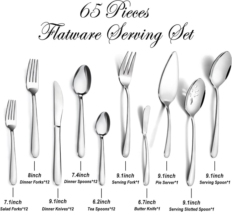 Pleafind 65-Pieces Silverware Set for 12 with 5 Serving Utensils,Stainless Steel Cutlery Set, Include Forks Spoons and Knives Set, Mirror Polished Utensil Sets for Home Restaurant,Dishwasher Safe