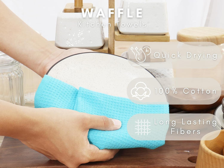 PurpleEssences Waffle Weave Kitchen Towel, 100% Cotton - 15 x 25 Inches, with Hanging Loop Ultra Soft Absorbent Quick Drying Dish Cloth, Tea and Hand Towels, 4 Pack - Spring Summer - Aqua Blue - Nestoria