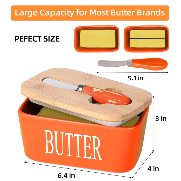 Ceramic Butter Dish with Bamboo Lid and Stainless Steel Knife Spreader
