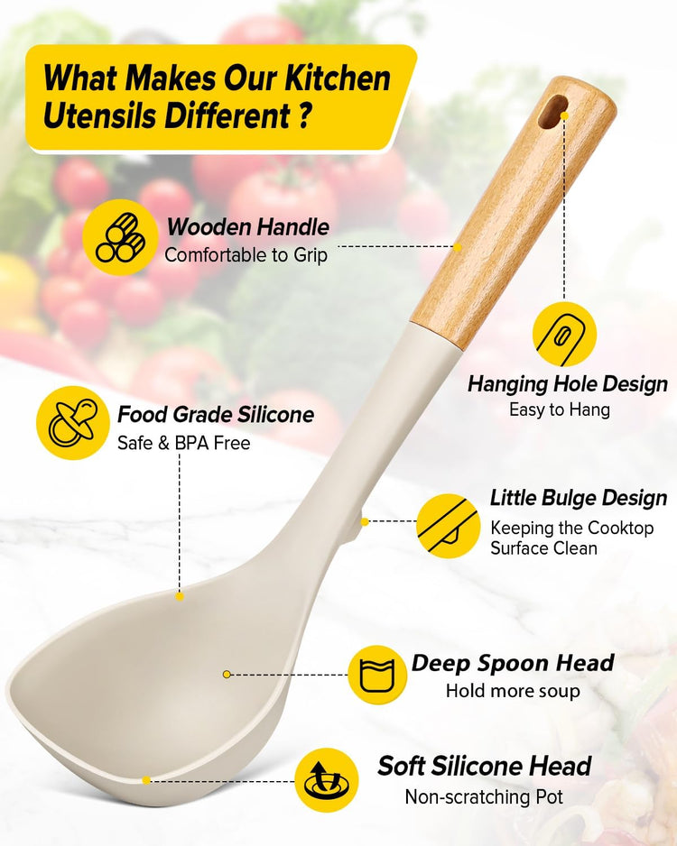 Silicone Soup Ladle and Spaghetti Spoon Set with Wooden Handle, Non Stick Heat Resistant Kitchen Utensils for Cooking, Stirring, Serving Pasta, Soup & Sauce(KHAKI)