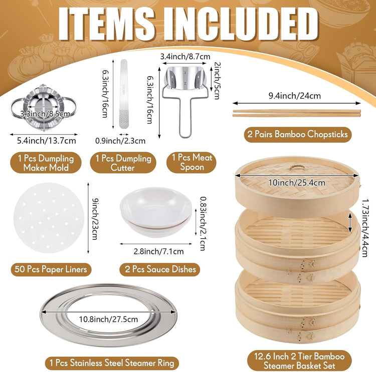 Tessco for you 59 Pcs 2 Tier 10 Inch Bamboo Steamer Basket Set Including Bamboo Steamer Stainless Steel Ring Dumpling Maker Mold and Cutter Spoon 2 Pair Chopsticks 2 Sauce Dish 50 Paper Liners
