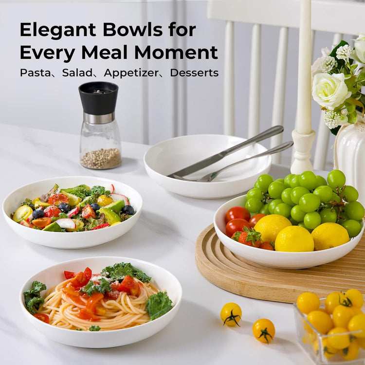 Y YHY Pasta Bowls, 27 Ounces Salad Bowls, Ceramic Serving Bowl Set of 4, 7.8 Inch Porcelain Pastes for Serving Dinner and Salad,Wide and Shallow Bowls Set, Microwave and Dishwasher Safe, White