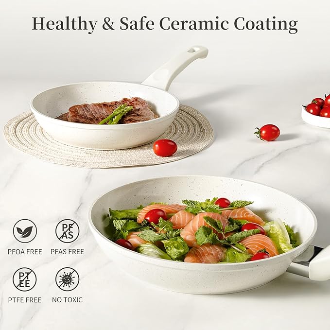 Ceramic Frying Pan Set with Lid - Non Stick Frying Pan with Lids, White Frying Pans Nonstick With Lid, Induction Skillet Set Egg Omelet Skillet Pan W/Lid, Healthy No Toxic Cookware Set, PFOA&PFAS Free
