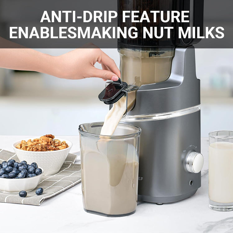 AMZCHEF Juicer Machines, 5.8" Extra Self-Feeding Cold Press Juicer for Whole Vegetable & Fruit, Juice Extractor Machine with Large Auger & Triple Strainers, Easy to Clean, High Juice Yield, Grey